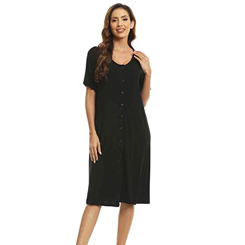 Jecarden Damen Nachthemd Knopfleiste - Kurzarm Pyjama für Damen Sommer Lange Nachtwäsche Modal Nachtkleid Rundhals Sleepwear Pyjamas Schlafhemd Sexy Strandkleid L von Jecarden