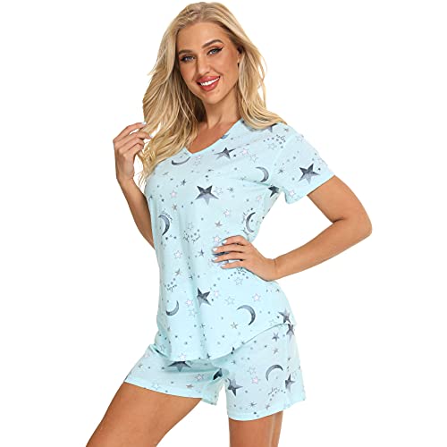 Jecarden Damen Schlafanzug Kurz Damen Pyjama Set Sommer Nachtwäsche Baumwolle Zweiteiliger Sleepwear Hausanzug und Hose mit Tunnelzug V-Ausschnitt Pyjamas Kurzarm Nachthemd M von Jecarden