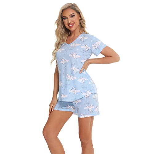 Jecarden Damen Schlafanzug Kurz Damen Pyjama Set Sommer Nachtwäsche Baumwolle Zweiteiliger Sleepwear Hausanzug und Hose mit Tunnelzug V-Ausschnitt Pyjamas Kurzarm Nachthemd S von Jecarden