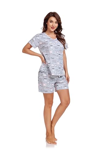 Jecarden Damen Schlafanzug Kurz Damen Pyjama Set Sommer Nachtwäsche Baumwolle Zweiteiliger Sleepwear Hausanzug und Hose mit Tunnelzug V-Ausschnitt Pyjamas Kurzarm Nachthemd S von Jecarden