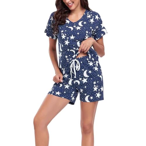 Jecarden Damen Schlafanzug Kurz Damen Pyjama Set Sommer Nachtwäsche Baumwolle Zweiteiliger Sleepwear Hausanzug und Hose mit Tunnelzug V-Ausschnitt Pyjamas Kurzarm Nachthemd S von Jecarden