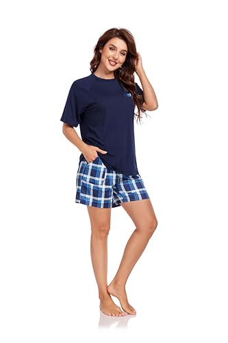 Jecarden Damen Schlafanzug Kurz - Damen Pyjama Set Sommer Nachtwäsche Sleepwear Hausanzug und Hose Pyjamas Kurzarm Nachthemd, Blau, XXL von Jecarden