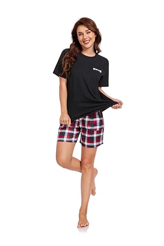 Jecarden Damen Schlafanzug Kurz - Damen Pyjama Set Sommer Nachtwäsche Sleepwear Hausanzug und Hose Pyjamas Kurzarm Nachthemd, Schwarz, XXL von Jecarden