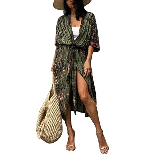 Jecarden Damen Strandkleid Bikini Cover Up für Damen Strandponcho Damen Lose Sommer Pareos Lang Sommerkleid Damen Elegant Maxikleid Baumwolle für Urlaub Die Einheitsgröße Grün von Jecarden