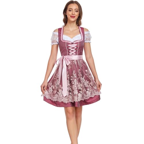 Jecarden Dirndl Damen Midi Dirndl für Damen Weinrot Trachtenkleid mit Dirndlbluse Trachtenmode Trachtenrock Kleid 3 Teilig für Oktoberfest Besondere Anlässe, 40 von Jecarden
