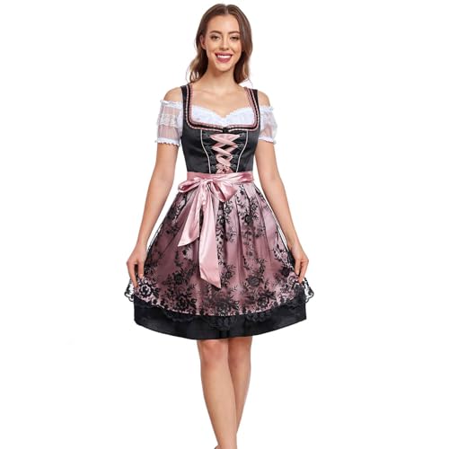 Jecarden Dirndl Damen Midi Trachtenkleid Damen Dirndlkleid mit Spitze Trachtenmode inkl. Dirndlbluse Dirndlschürze 3 teilig für Oktoberfest Karneval Besondere Anlässe (34-50) (Schwarz, 48) von Jecarden
