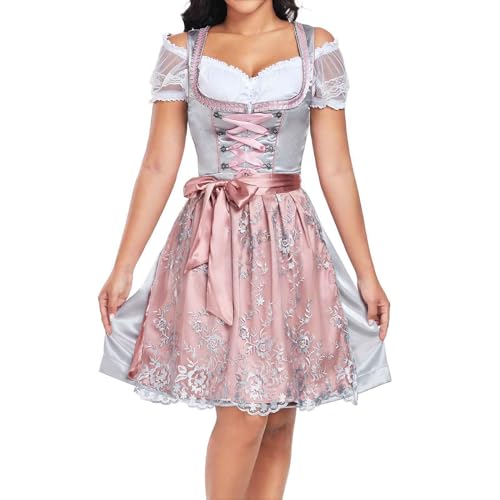 Jecarden Dirndl Damen Midi Trachtenkleid Damen Dirndlkleid mit Spitze Trachtenmode inkl. Dirndlbluse Dirndlschürze 3 teilig für Oktoberfest Karneval Besondere Anlässe 36 von Jecarden