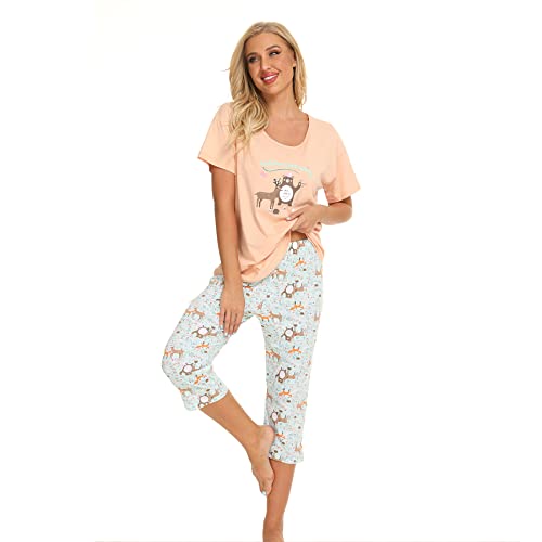 Jecarden Schlafanzug Damen Kurz Nachthemd - Pyjama Damen Kurzarm Baumwolle Capri Schlafanzug Damen Sleepwear Zweiteiliger Sleepwear Orange M von Jecarden