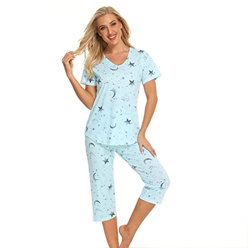 Jecarden Schlafanzug Damen Nachthemd Kurz - Pyjama Damen Baumwolle Sommer Capri Schlafanzug Damen Sleepwear Kurzarm Zweiteiliger Sleepwear XL von Jecarden