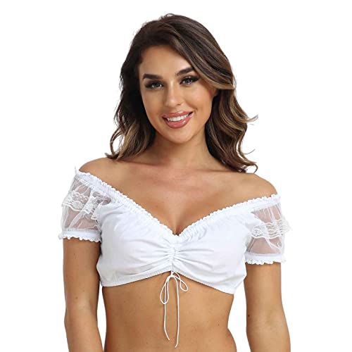 Jecarden Trachten Damen Dirndlbluse Spitze - Dirndlbluse Weiß Kurzarm Dirndlblusen Halbarm aus Spitze und Baumwolle Tracht Bluse für Oktoberfest Baumwolle 36 von Jecarden