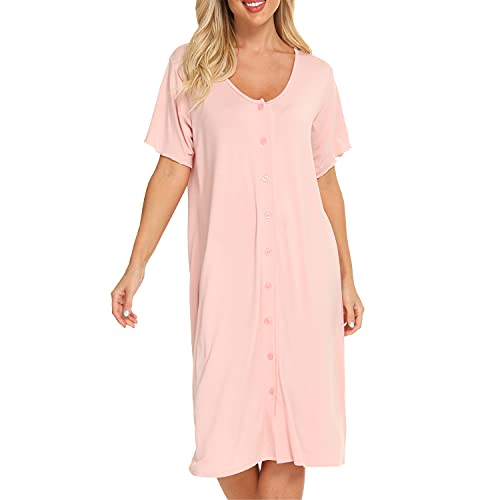 Jecarden Umstandskleid Sommer für Damen - Schwangerschaftskleid Kurz Stillkleid Kurzarm mit Knöpfen Rosa Nachthemd für Damen, Umstandskleidung, Stillkleidung Extra große Größe von Jecarden