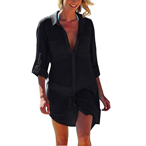 Strandkleid Damen Lang Strandponcho Damen Pareos Nachthemd Bademode Strand Strandkleid Damen große größen Vertuschen Shirt für Urlaub Schwarz von Jecarden