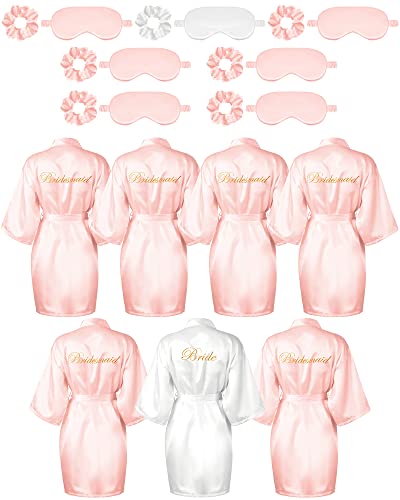 7-teiliges Brautjungfern-Bademantel-Set, Brautmantel, Seide, Satin, Bademäntel, Brautparty, Bademäntel mit Schlafmaske und elastischem Stirnband-Set, Weiß / Pink, Einheitsgröße von Jecery