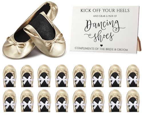 Jecery 24 Paar Brautdusche Zubehör Hochzeit Faltbar Ballett Flach Set Ballerina Schuhe Party Schild Tragbare Roll Up Reise Hausschuhe Hochzeit Tanzschuhe für Gäste Brautjungfer, champagnerfarben von Jecery