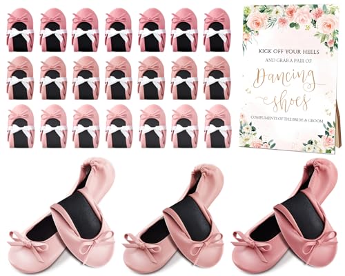 Jecery 36 Paar Brautdusche Zubehör Hochzeit Faltbar Flach Set Ballerina Hausschuhe Floral Party Schilder Tragbare Reise Ballett Flat Bulk Hochzeit Tanzschuhe für Gäste Brautjungfern, Pink, One Size von Jecery
