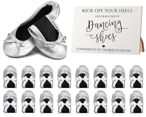 Jecery 36 Paar Brautdusche Zubehör Hochzeit Faltbar Flach Set Ballerina Hausschuhe Floral Party Schilder Tragbare Reise Ballett Flat Bulk Hochzeit Tanzschuhe für Gäste Brautjungfern, silber, One Size von Jecery
