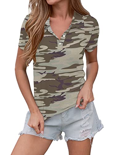 Damen Poloshirts Kragen Kurzarm Gerippt Dehnbar Slim T-Shirt Top, Z Camouflag, Mittel von Jedyful