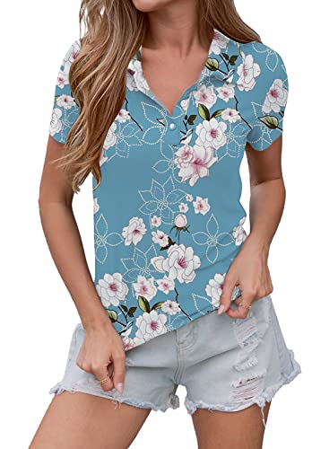 Damen Poloshirts Kragen Kurzarm Gerippt Dehnbar Slim T-Shirt Top, Z Lake Blue, Groß von Jedyful