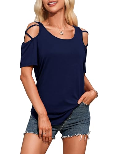 Jedyful Damen-T-Shirt, kurzärmelig, schulterfrei, mit Trägern, lässig, lockere Bluse, Marineblau, X-Groß von Jedyful