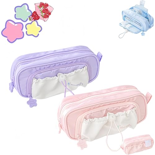 Jeeeun Rosy Posy Pencil Case, Rosy Posy Kawaii Pencil Case for Teenage Kids, Double Layer Large Capacity Multi-Pocket Design Childlike Innocence (2pcs a) von Jeeeun