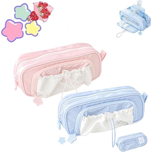 Jeeeun Rosy Posy Pencil Case, Rosy Posy Kawaii Pencil Case for Teenage Kids, Double Layer Large Capacity Multi-Pocket Design Childlike Innocence (2pcs b) von Jeeeun