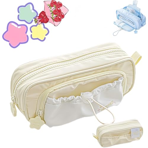 Jeeeun Rosy Posy Pencil Case, Rosy Posy Kawaii Pencil Case for Teenage Kids, Double Layer Large Capacity Multi-Pocket Design Childlike Innocence (Beige) von Jeeeun