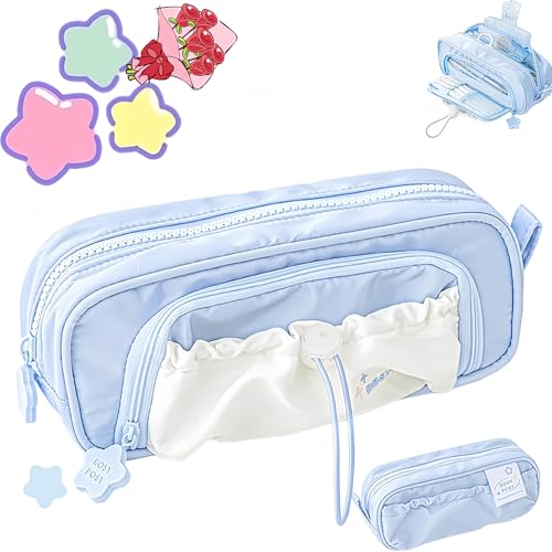 Jeeeun Rosy Posy Pencil Case, Rosy Posy Kawaii Pencil Case for Teenage Kids, Double Layer Large Capacity Multi-Pocket Design Childlike Innocence (Blue) von Jeeeun