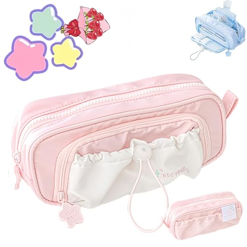 Jeeeun Rosy Posy Pencil Case, Rosy Posy Kawaii Pencil Case for Teenage Kids, Double Layer Large Capacity Multi-Pocket Design Childlike Innocence (Pink) von Jeeeun