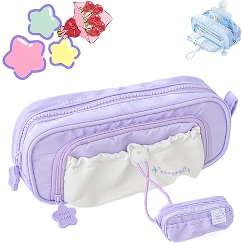 Jeeeun Rosy Posy Pencil Case, Rosy Posy Kawaii Pencil Case for Teenage Kids, Double Layer Large Capacity Multi-Pocket Design Childlike Innocence (Purple) von Jeeeun
