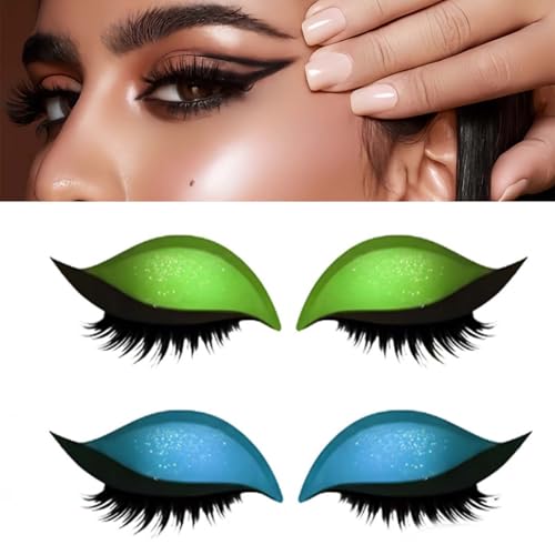 Lazy Eyeshadow Eyelash Patch, Reusable Makeup Sticker with Built-in Eyeliner, Glitter Eyeshadow & False Eyelashes (Blue+Green) von Jeeeun