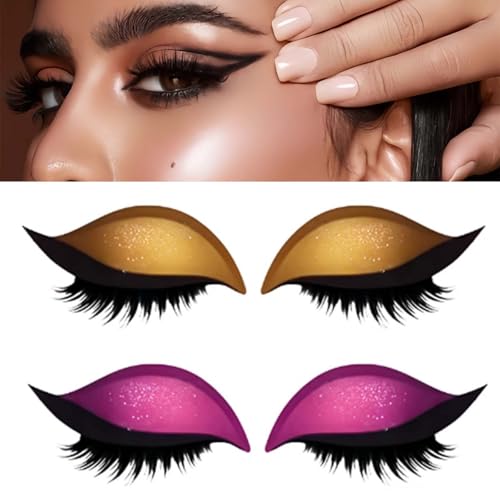 Lazy Eyeshadow Eyelash Patch, Reusable Makeup Sticker with Built-in Eyeliner, Glitter Eyeshadow & False Eyelashes (Yellow+Pink) von Jeeeun