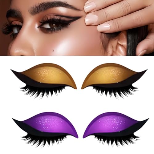Lazy Eyeshadow Eyelash Patch, Reusable Makeup Sticker with Built-in Eyeliner, Glitter Eyeshadow & False Eyelashes (Yellow+Purple) von Jeeeun