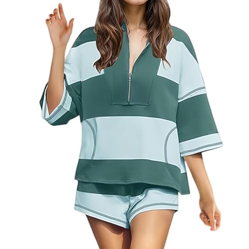 Women Striped Workout Set Two Piece Outfit Tracksuit Oversized Lounge Set (Green,M) von Jeeeun