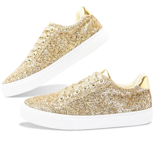 Jeekopeg Glitzer Sparkly Fashion Sneakers Glänzende Freizeitschuhe Bling Pailletten Konzert Low Cut Schnürschuhe, Gold, 11 Women/9 Men von Jeekopeg