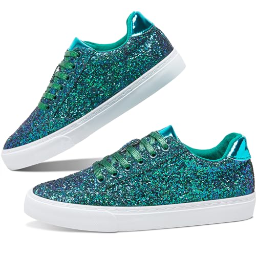 Jeekopeg Glitzernde modische Sneaker-Schuhe, glänzende Freizeitschuhe, glitzernde Pailletten, Konzert, niedrig geschnitten, Schnürschuhe, Grüner Glitzer, 8 Women/6.5 Men von Jeekopeg