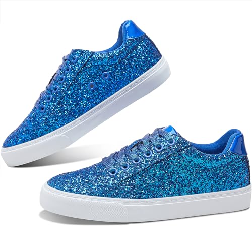 Jeekopeg Glitzernde modische Sneaker-Schuhe, glänzende Freizeitschuhe, glitzernde Pailletten, Konzert, niedrig geschnitten, Schnürschuhe, Königsblauer Glitzer, 13 Women/11 Men von Jeekopeg