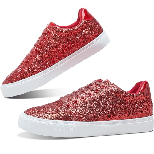 Jeekopeg Glitzernde modische Sneaker-Schuhe, glänzende Freizeitschuhe, glitzernde Pailletten, Konzert, niedrig geschnitten, Schnürschuhe, Rot Glitter, 11 Women/9 Men von Jeekopeg