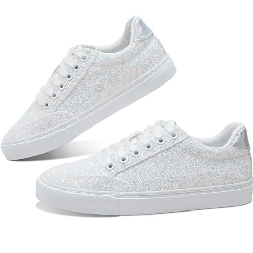 Jeekopeg Glitzernde modische Sneaker-Schuhe, glänzende Freizeitschuhe, glitzernde Pailletten, Konzert, niedrig geschnitten, Schnürschuhe, weiß / glitzer, 13 Women/11 Men von Jeekopeg