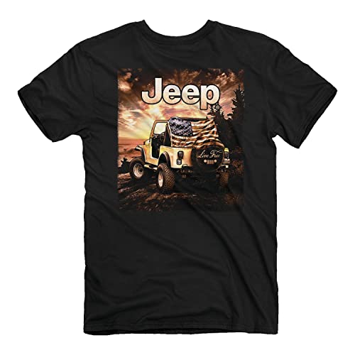 Jeep Live Free Herren Kurzarm T-Shirt Schwarz | Sonnenuntergang Amerikanische Flagge CJ7 Design für USA-Liebhaber | 100% Baumwolle, Schwarz, Schwarz, 3X-Groß von Jeep