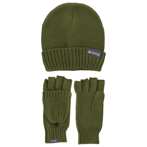 Jeep Unisex-Erwachsene Herren und Damen 2-teiliges Beanie und Cabrio Handschuhe Set – Unisex Einheitsgröße, Grün, Eine Größe passt meistens von Jeep