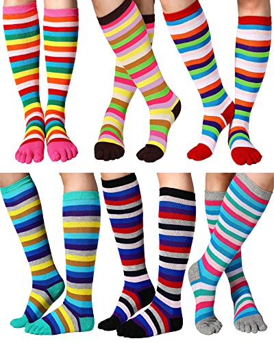 Jeere 6 Paar Regenbogen-Zehensocken Damen Baumwolle Kniehohe Zehensocken mit Zehen Getrennte Gestreifte Oberschenkelhohe Socken Beinstulpen LGBT Pride Lange Socken (Schwarz, Grau, Grün, Einheitsgröße von Jeere