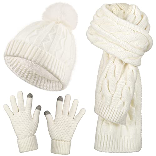 Jeere Strickmütze Schal und Handschuhe Set 3 Stück Kaltes Winter Set Weiße Handschuhe Langer Schal Kabel Strickmütze für Frauen von Jeere