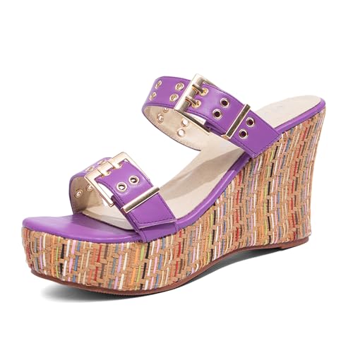 Jeesay Damen Slides Keilsandalen mit Schnalle Riemen Slip On Peep Toe Plateau Sandalen High Heels Schuhe, Violett, 37.5 EU von Jeesay