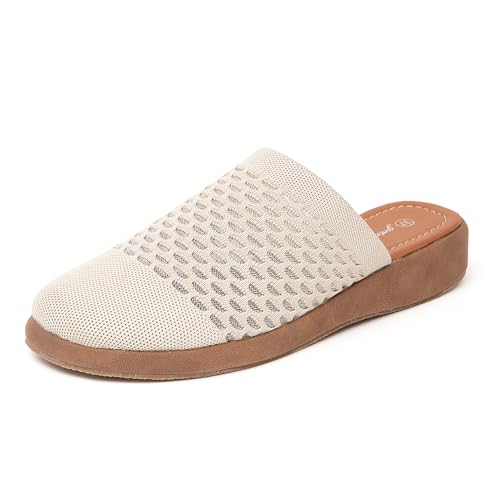 Jeesay Damen Slip On Pantoletten Keilsandalen Geschlossene Zehen Atmungsaktiv Textil Slides Clogs Sommerschuhe, Elfenbein, 41 EU von Jeesay