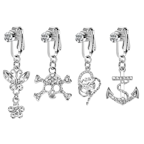 Jeesblsy Clip On Bauchnabel Piercing 4 PCS, Fake Belly Piercing CZ Chirurgenstahl mit Dangle Zirkonia, Anhänger Piercing Bauchnabel Schmuck für Frauen Mädchen Damen von Jeesblsy