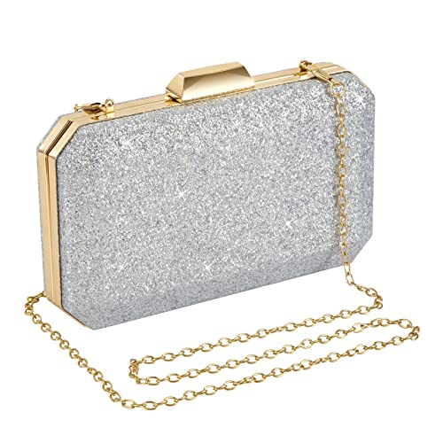 Jeesblsy Damen Clutch Abendtasche Glitter, Shiny Silber Tasche Kette Handtasche Umhängetasche Klein Portemonnaie für Hochzeit Party, Silber von Jeesblsy