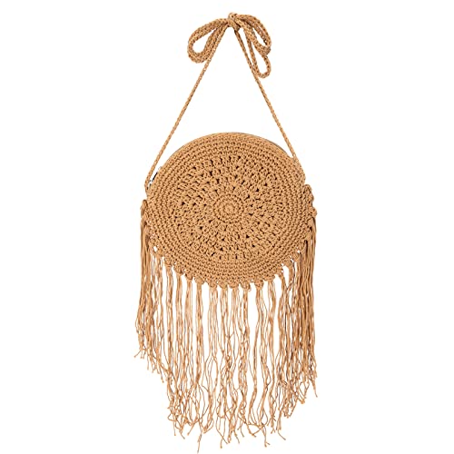 Jeesblsy Runden Strohtasche Handtasche Damen Crossbody Tasche, Retro Sommer Strand Umhängetasche, Böhmische Handarbeit Weben Schulterbeutel Geldbörse für Reisen Urlaub Freizeit, Braun von Jeesblsy