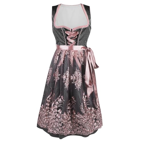 Jefencop Dirndl Damen inkl. Spitzenschürze midi Krüger Dirndl Trachtenkleid Damen für Oktoberfest, 2 Teilig (34-50) (Dunkelgrau, 42) von Jefencop