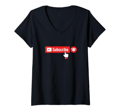 Damen Abonnieren Sie Benachrichtigungsschaltflächen mit Hand Content Creator Vlogger T-Shirt mit V-Ausschnitt von Jeff Hobrath