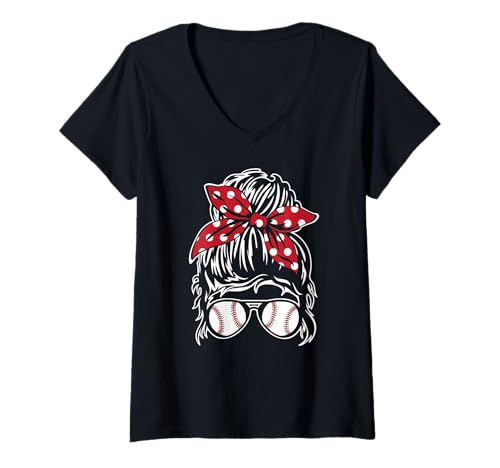 Damen Baseball Softball Mama Schwester Tante Messy Bun Woman Design T-Shirt mit V-Ausschnitt von Jeff Hobrath